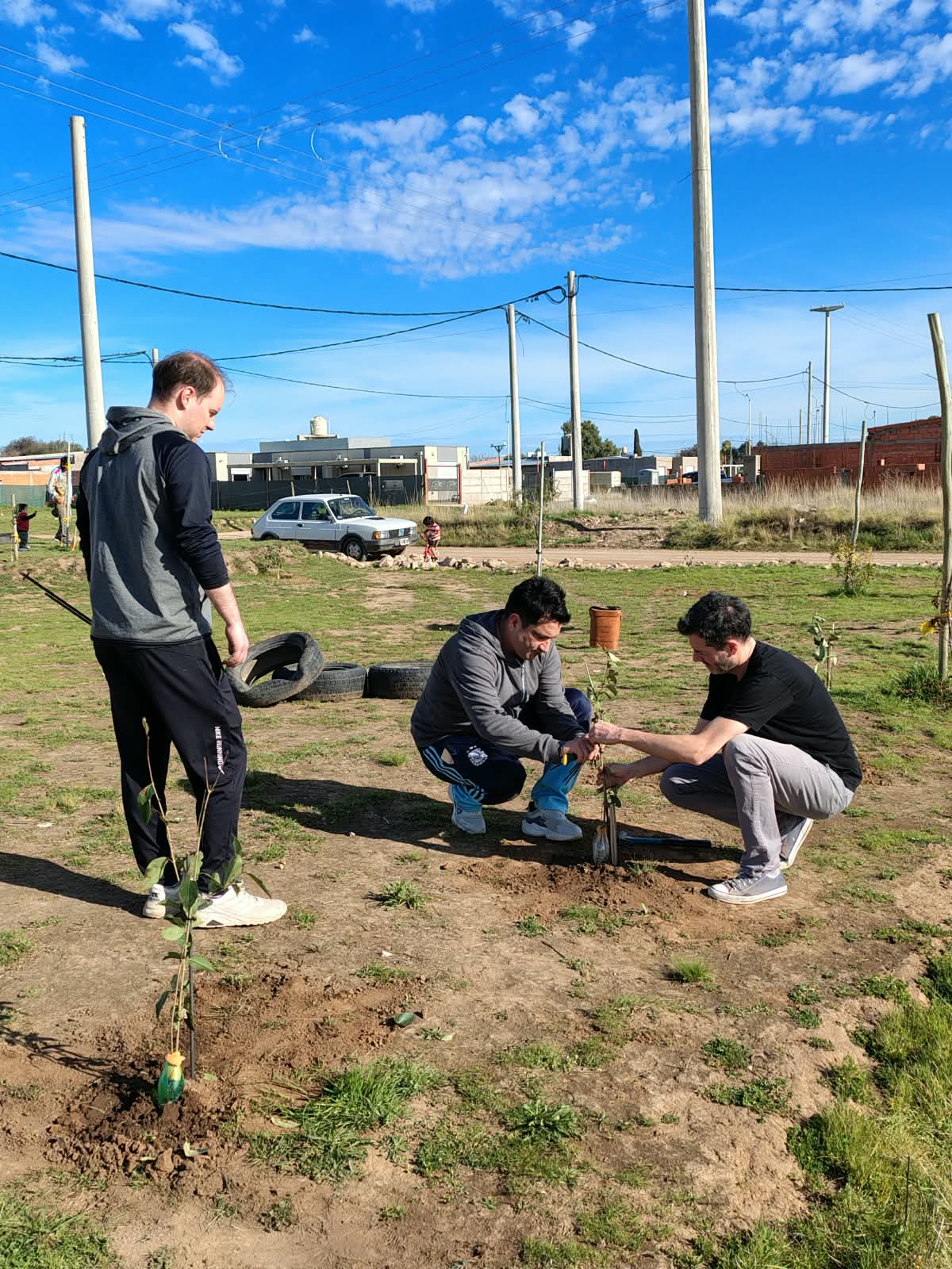 Martín plantando un árbol junto a vecinos